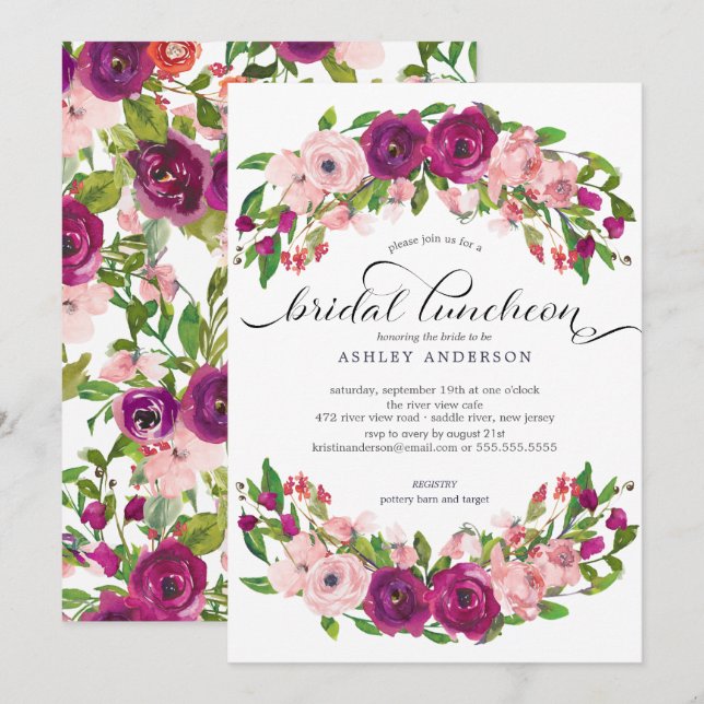 Invitación Lunch de novia floral de Rubor Pink & Marsala (Anverso / Reverso)