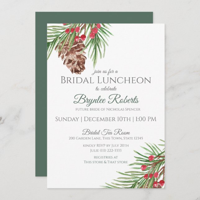 Invitación Lunch de Novias de Invierno de Pine y Berries (Anverso / Reverso)