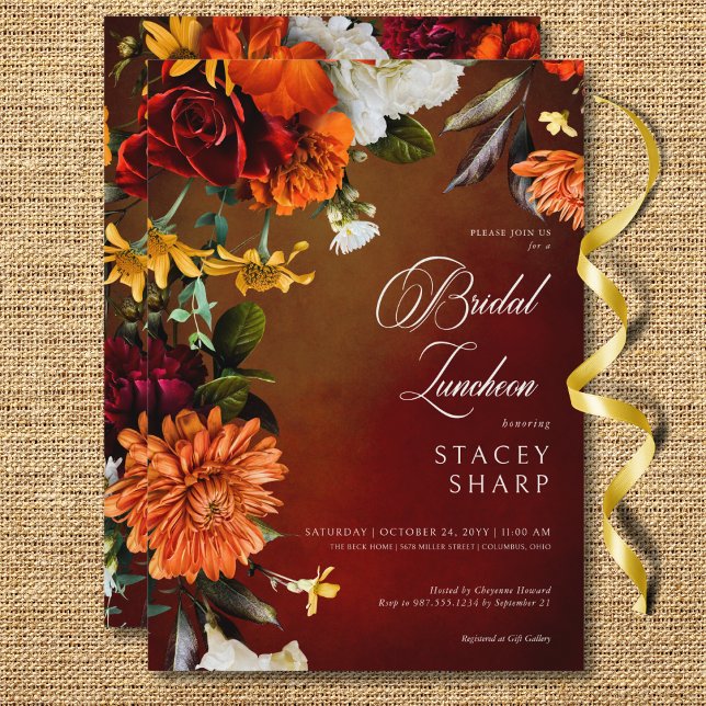 Invitación Lunch de Novias Florales Oscuras y Elegantes (Dark Elegant Summer Sunset Floral Bridal Luncheon Invitation)