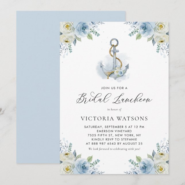Invitación Lunch Náutico Bridal de Flores Azules y Ancla (Anverso / Reverso)