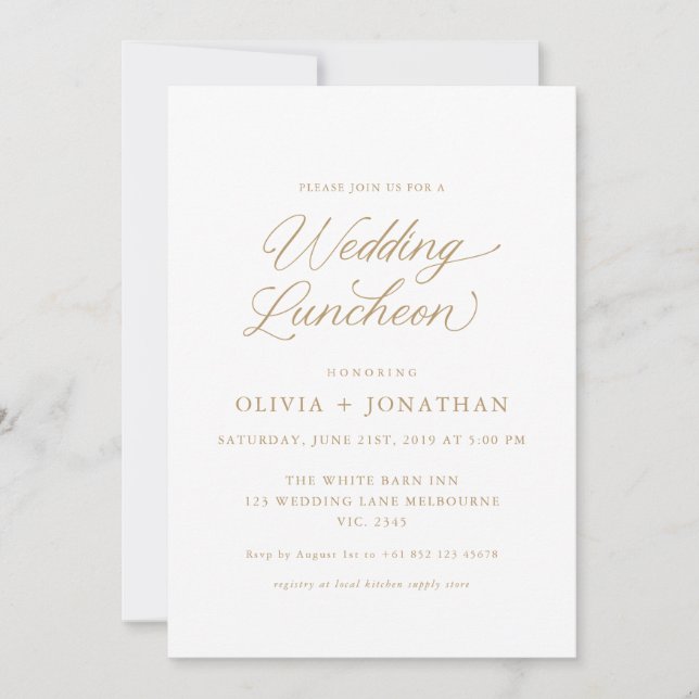 Invitación Luncheon Boda de caligrafía moderna Gold Elegant (Anverso)