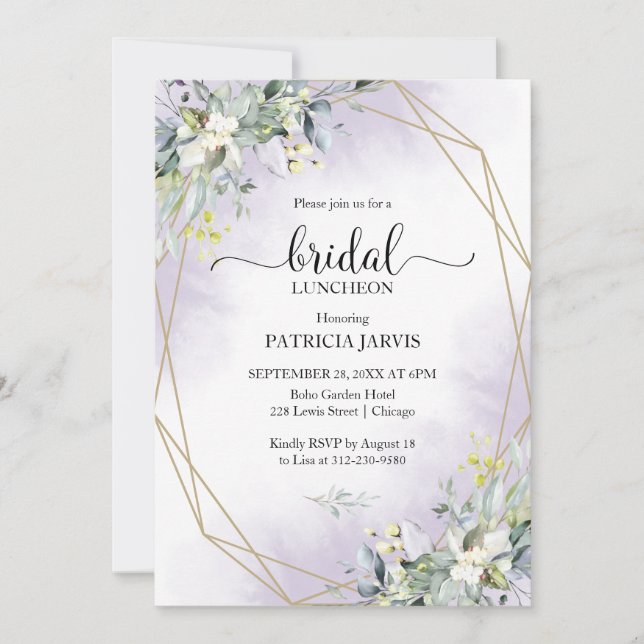 Invitación Luncheon de boda geométrico con vegetación de euca (Anverso)