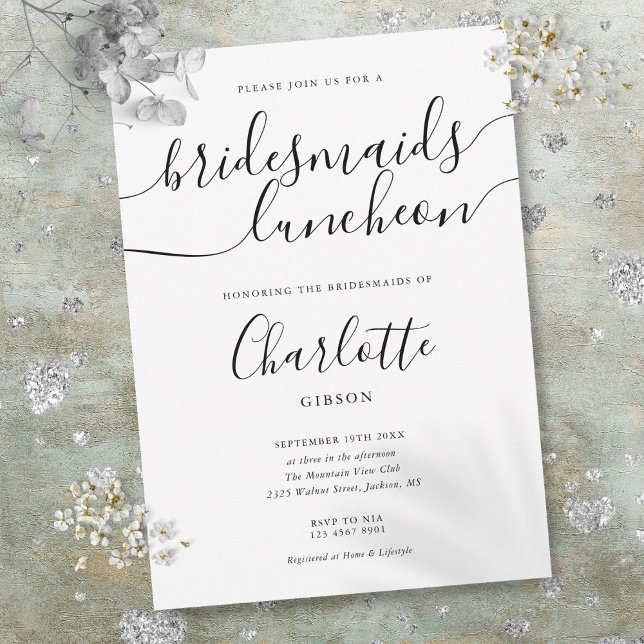 Invitación Luncheon de Bridesmaids de Guión Blanco Y Negro (Black And White Script Bridesmaids Luncheon Invitation)