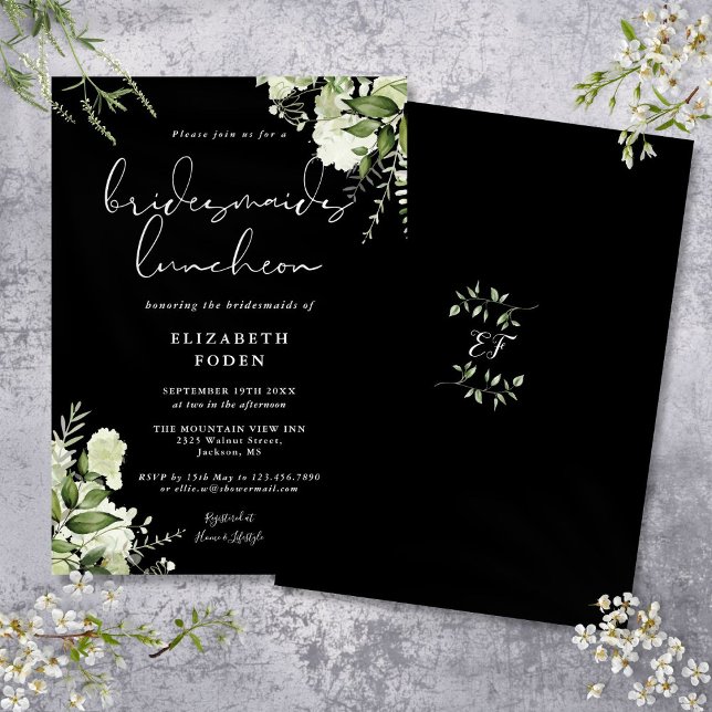 Invitación Luncheon de Bridesmaids Florales en Blanco Y Negro (Black And White Floral Bridesmaids Luncheon Invitation)