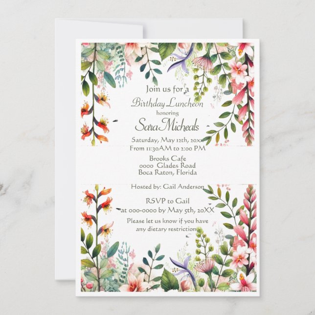 Invitación Luncheon de cumpleaños botánico rosado de bonito (Anverso)