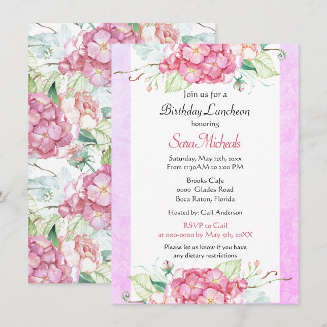 Invitación Luncheon de cumpleaños botánico rosado de bonito (Anverso / Reverso)
