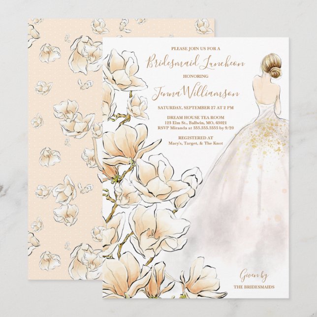 Invitación Luncheon de la dama de honor Gold Magnolia (Anverso / Reverso)