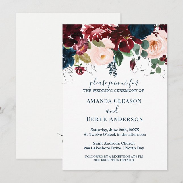 Invitación Luncheon de la novia azul borgoña, rosa y de media (Anverso / Reverso)
