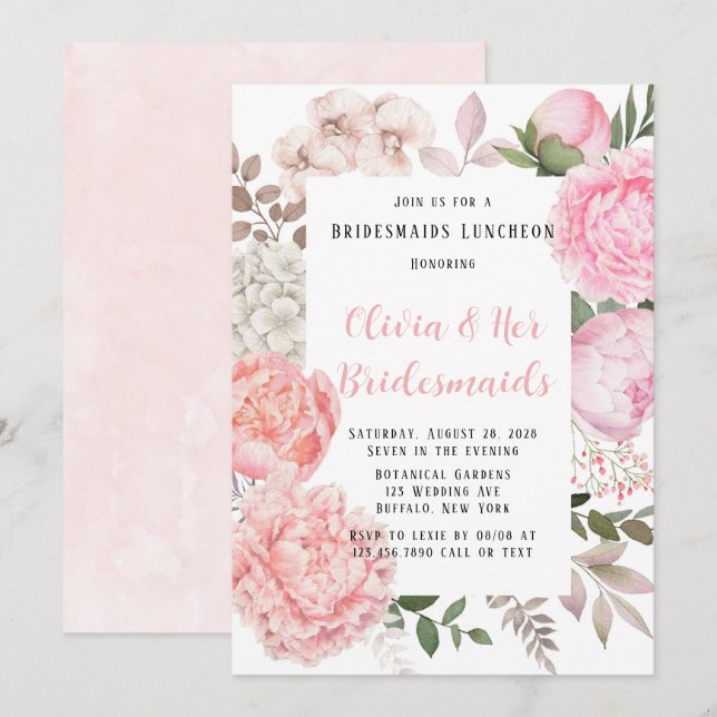 Invitación Luncheon de la Novia Peonia Botánica Rosa y Coral (Anverso / Reverso)