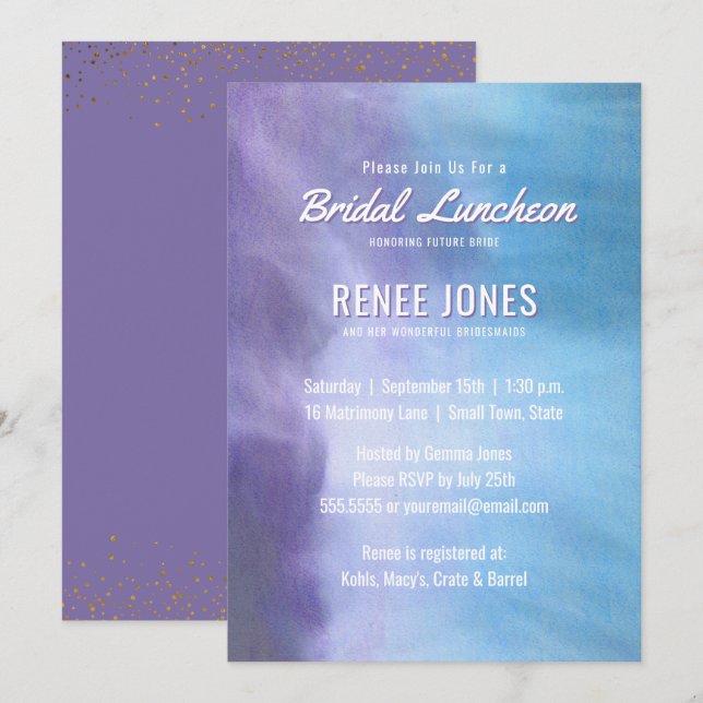 Invitación Luncheon de novia | Azul púrpura de Lavender Paste (Anverso / Reverso)