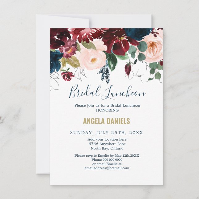 Invitación Luncheon de novia borgoña, rosa y medianoche azul (Anverso)