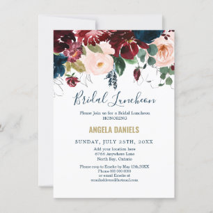 Invitación Luncheon de novia borgoña, rosa y medianoche azul