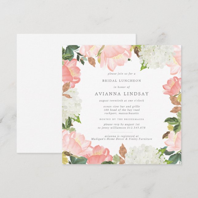 Invitación Luncheon de novia botánica floral rosa blanca (Anverso / Reverso)