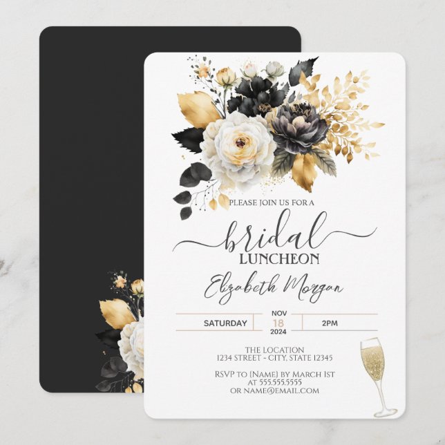 Invitación Luncheon de novia de flores blancas negras de oro (Anverso / Reverso)