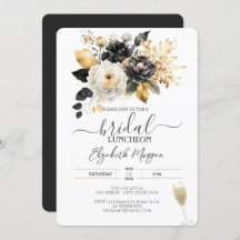 Luncheon de novia de flores blancas negras de oro