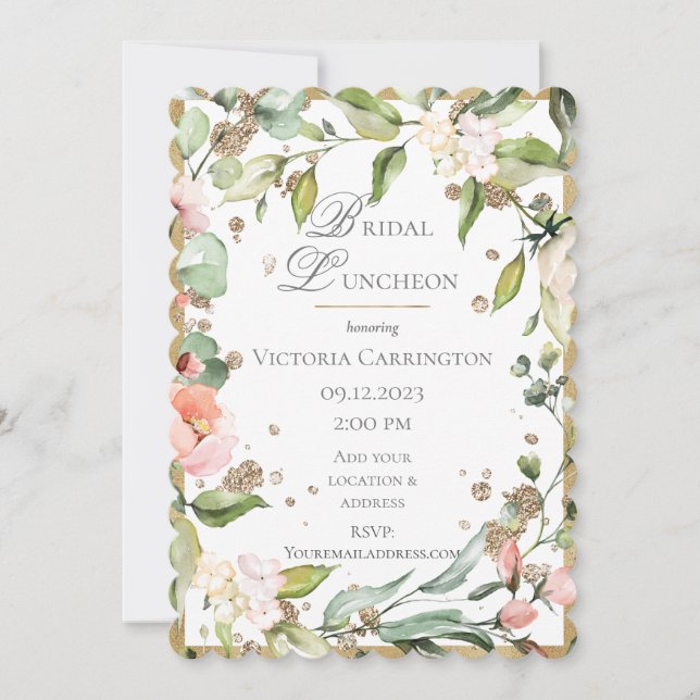 Invitación Luncheon de novia elegante de oro floral rosado de (Anverso)