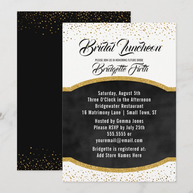 Invitación Luncheon de novia | Purpurina de oro negro ducha d (Anverso / Reverso)