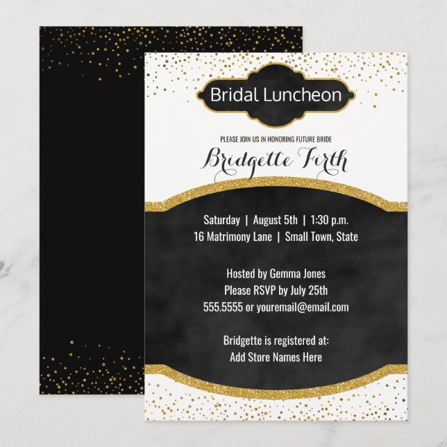 Invitación Luncheon de novia | Purpurina de oro negro ducha d (Anverso / Reverso)