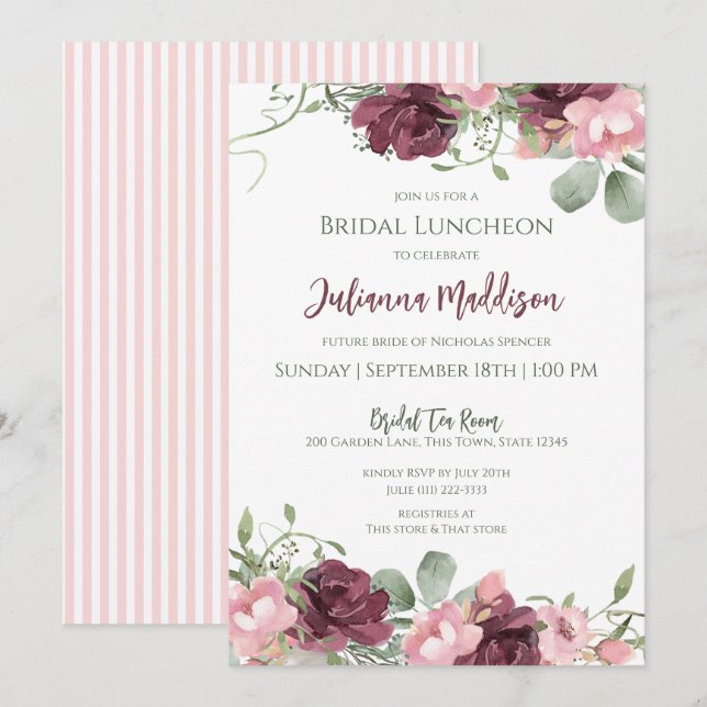 Invitación Luncheon de novias con flores rosadas y saladas (Anverso / Reverso)