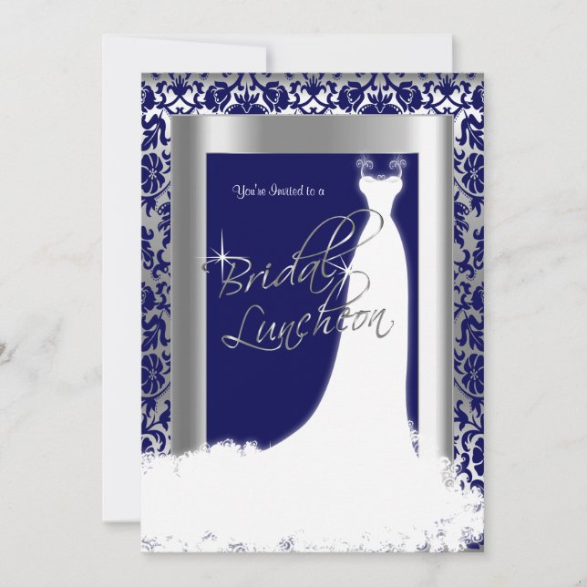 Invitación Luncheon de novias en damasco azul y plata de la m (Anverso)