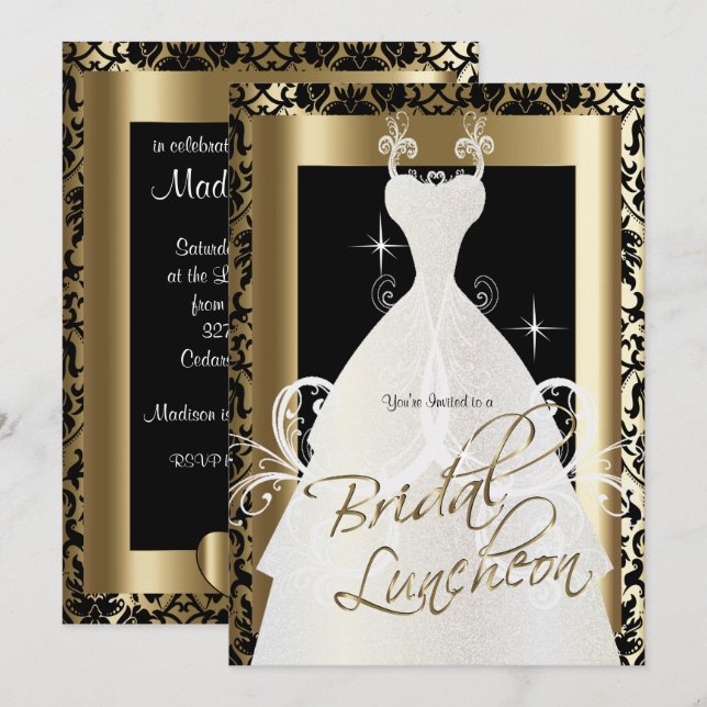 Invitación Luncheon de novias en Damasco negro y oro metálico (Anverso / Reverso)
