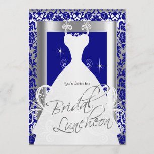 Invitación Luncheon de novias en Royal Blue Damask & Silver