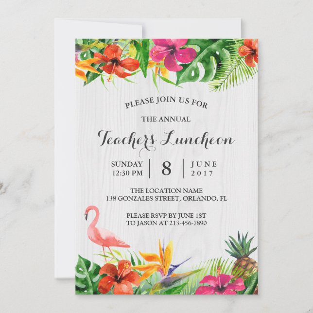 Invitación Luncheon del profesor | Flamingo floral tropical (Anverso)