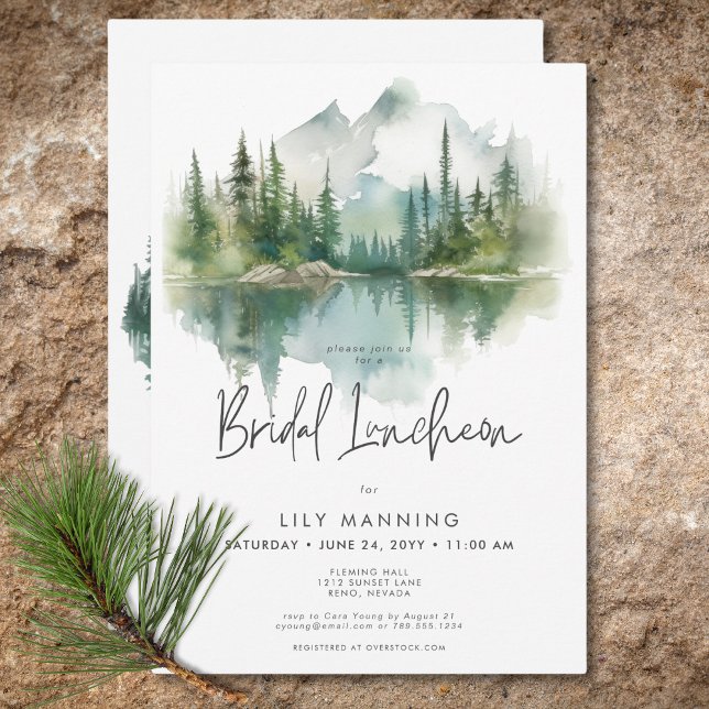 Invitación Luncheon nupcial en el lago acuático de montaña ru (Rustic Mountain Lake Watercolor Bridal Luncheon Invitation)
