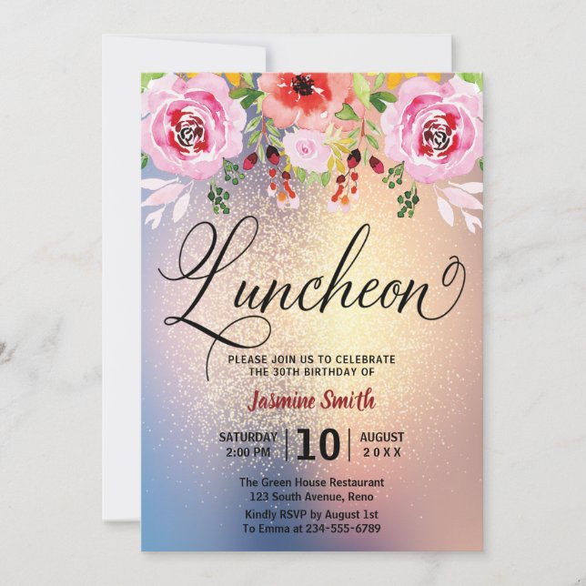 Invitación Luncheon Purpurina de oro floral Cumpleaños (Anverso)