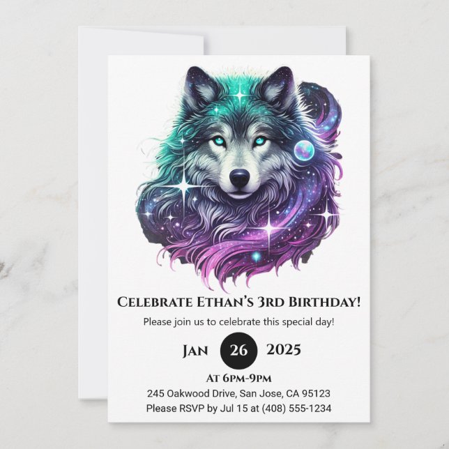 Invitación Lunes a luz de la luna Galaxy Wolf Cumpleaños (Anverso)