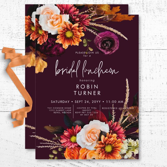 Invitación Lunes de Boho Floral Borgoña de Rústico Oscuro (Dark Russet Boho Floral Burgundy Bridal Luncheon Invitation)