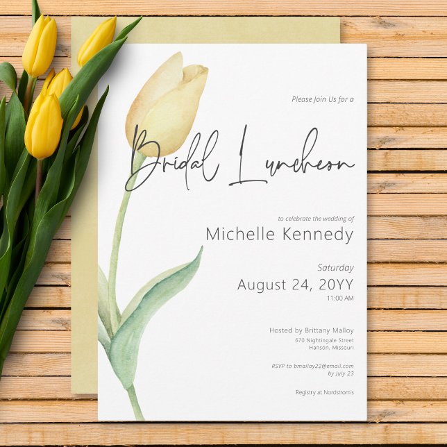 Invitación Lunes de luna de miel amarillo tulipán solo (Modern Yellow Tulip Solo Bridal Luncheon Invitation)