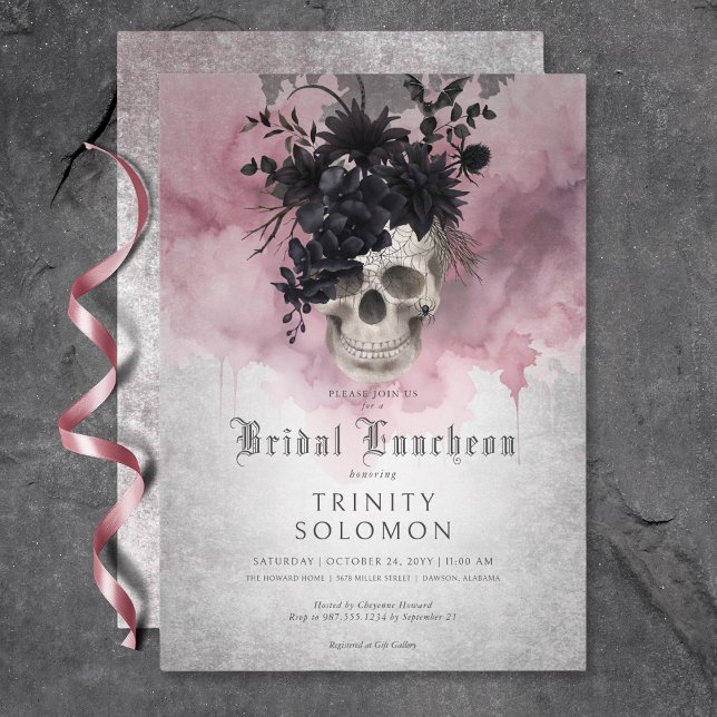 Invitación Lunes de Noche de Burdeos con Floral Gótica Negra  (Gothic Black & Burgundy Floral Skull Bridal Lunch Invitation)