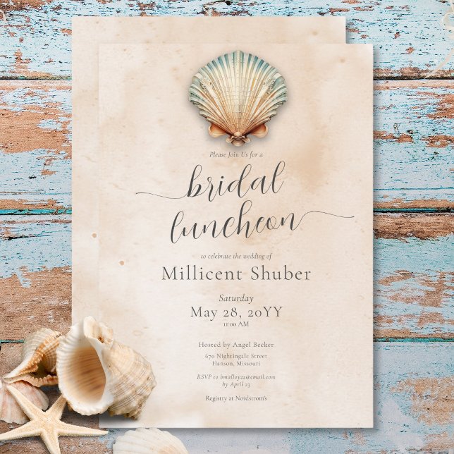 Invitación Lunes de Nochebuena de arena costera moderna (Modern Coastal Seashell Sand Bridal Luncheon Invitation)
