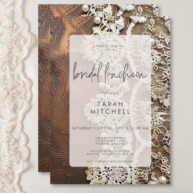 Invitación Lunes de Novias de Cuero Rústico y Rústico (Rustic Leather & Bridal Lace Bridal Luncheon Invitation)