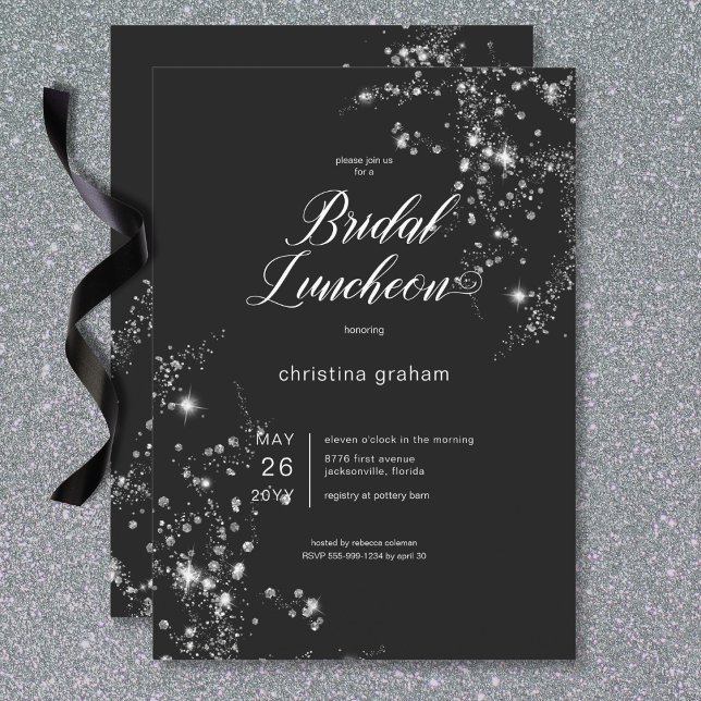 Invitación Lunes de Novias de Diamantes de Glam Blanco y Negr (Modern Black & White Glam Diamonds Bridal Luncheon Invitation)