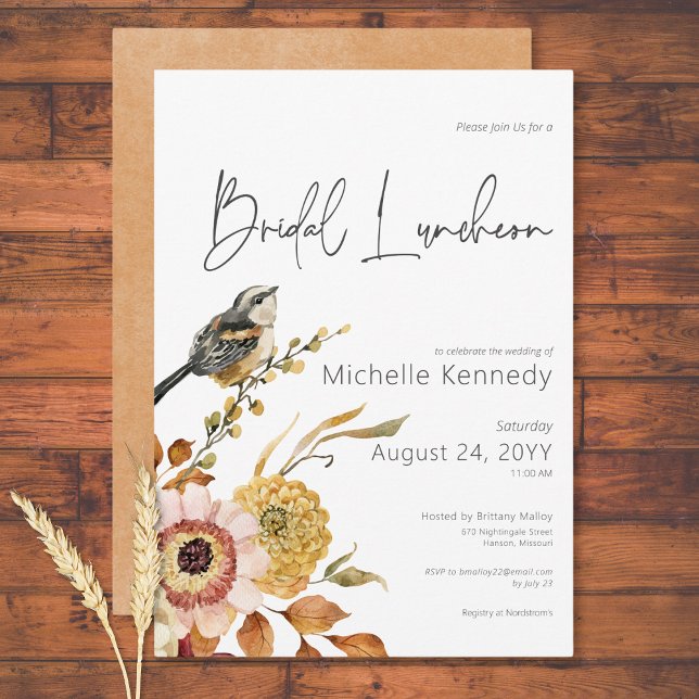 Invitación Lunes de Novias de Floral y Pájaro de otoño modern (Modern Fall Floral & Bird Bridal Luncheon Invitation)