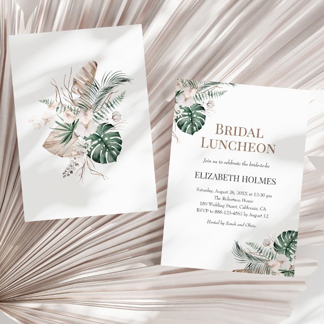 Invitación Lunes de Novias de la Orquídea Tropical Monstera (Tropical Orchid Monstera Bridal Luncheon Invitation on a sunny neutral dry palm leaf.)