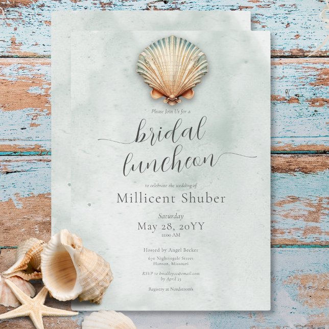Invitación Lunes de Novias en Aqua, una zona costera moderna (Modern Coastal Seashell Aqua Bridal Luncheon Invitation)
