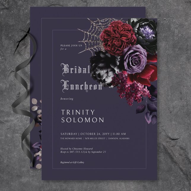 Invitación Lunes de Novias en la Web de Floral Púrpura Oscura (Dark Purple Floral & Silver Web Bridal Luncheon Invitation)