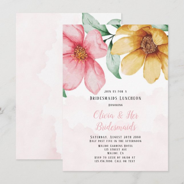 Invitación Lunes de Novias Florales Amarillas y Rosa Botánico (Anverso / Reverso)