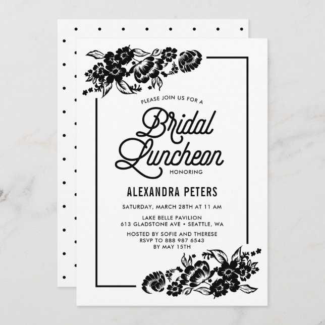 Invitación Lunes de Novias Florales en Blanco y Negro (Anverso / Reverso)