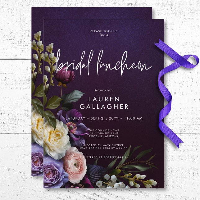 Invitación Lunes de Novias Florales Oscuras Moradas y Crema (Dark Moody Purple & Cream Floral Bridal Luncheon Invitation)