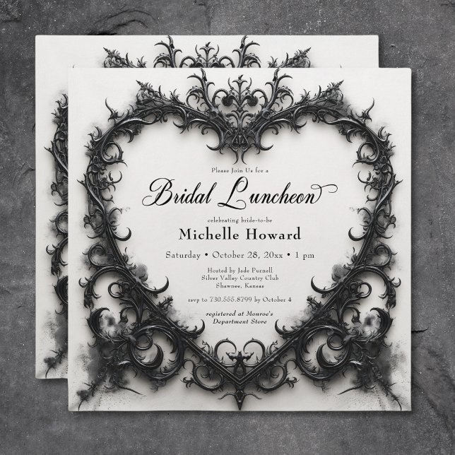 Invitación Lunes de novias gótica con filigrana negra y blanc (Gothic Black & White Filigree Heart Bridal Lunch Invitation)