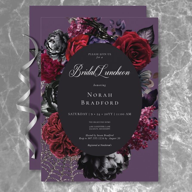 Invitación Lunes de Novias Moradas de Glam Floral Oscuro de H (Dark Halloween Glam Floral Purple Bridal Luncheon Invitation)