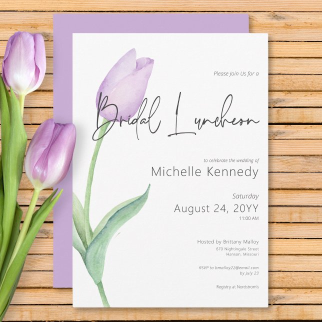 Invitación Lunes de Novias Morado Moderno Tulip Solo (Modern Purple Tulip Solo Bridal Luncheon Invitation)