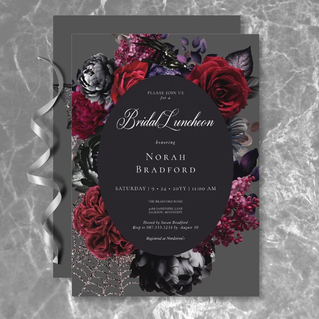 Invitación Lunes de Novias Negras Oscuras de Halloween Glam F (Dark Halloween Glam Floral Black Bridal Luncheon Invitation)