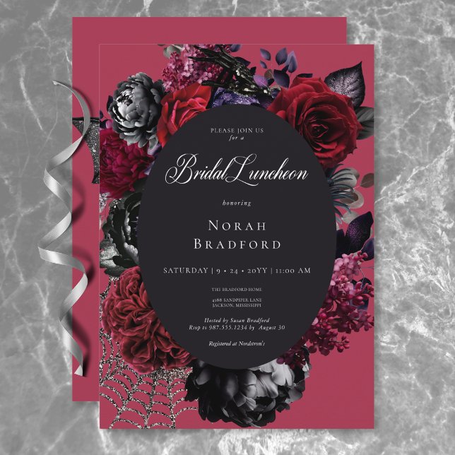 Invitación Lunes de Novias Rojas de Glam Floral de Halloween  (Dark Halloween Glam Floral Red Bridal Luncheon Invitation)
