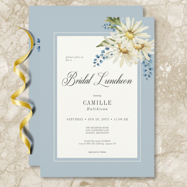 Invitación Lunes de Novias Rustic Blue & White Daisies (Rustic Blue & White Daisies Bridal Luncheon Invitation)