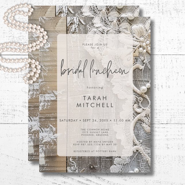 Invitación Lunes de Novias Rústicas y de Madera Bridal (Rustic Barnwood & Bridal Lace Bridal Luncheon Invitation)
